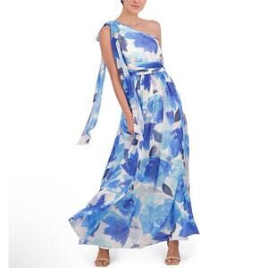 Eliza J Floral One Shoulder Bow Tie Sleeveless Gown SZ 6 Fairy Whimsical